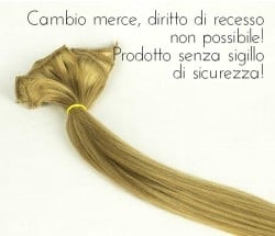 Ciocca di capelli biondi naturali con elastico giallo, avviso di non possibilità di cambio merce o diritto di recesso senza sigillo di sicurezza.