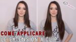Donna con capelli corti a sinistra e capelli lunghi a destra dopo aver applicato extension a clip, con testo "come applicare extension a clip".