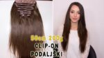 Estensioni per capelli clip-on da 50 cm e 200 g, immagine che mostra una donna con capelli lunghi e lisci e un primo piano delle estensioni.