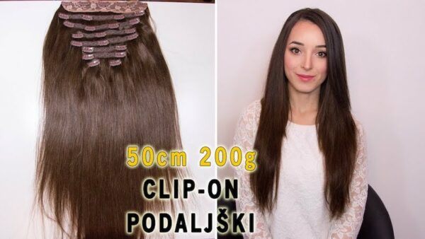 Estensioni per capelli clip-on da 50 cm e 200 g, immagine che mostra una donna con capelli lunghi e lisci e un primo piano delle estensioni.