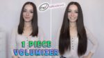 Donna con capelli corti prima e capelli lunghi e voluminosi dopo l'applicazione di extension Oxy 1 Piece Volumizer.