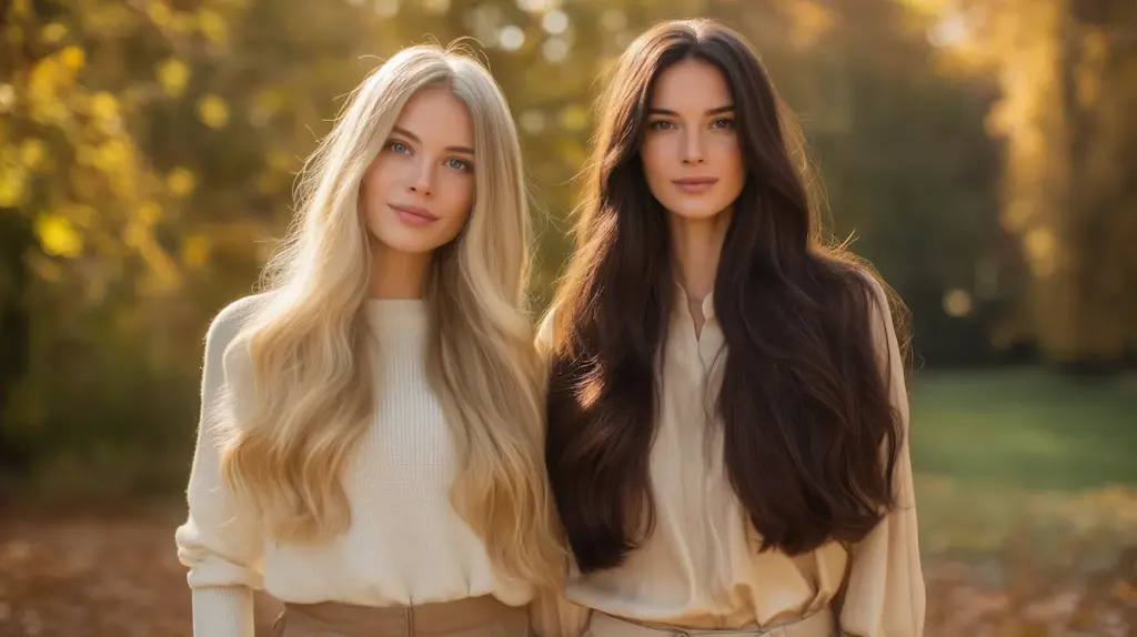 Due donne con capelli lunghi e morbidi nei toni caldi autunnali che rappresentano la bellezza naturale delle extension clip.